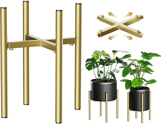 H HOMEXIN Adjustable Plant Stand Indoor, Metal Plant Stand 8 to 12 Inches, Single Floor Plant Pot Stand Mid Century Plant Holder for Indoor Outdoor Plants - Gold (Pot Not Include HHOMEXIN