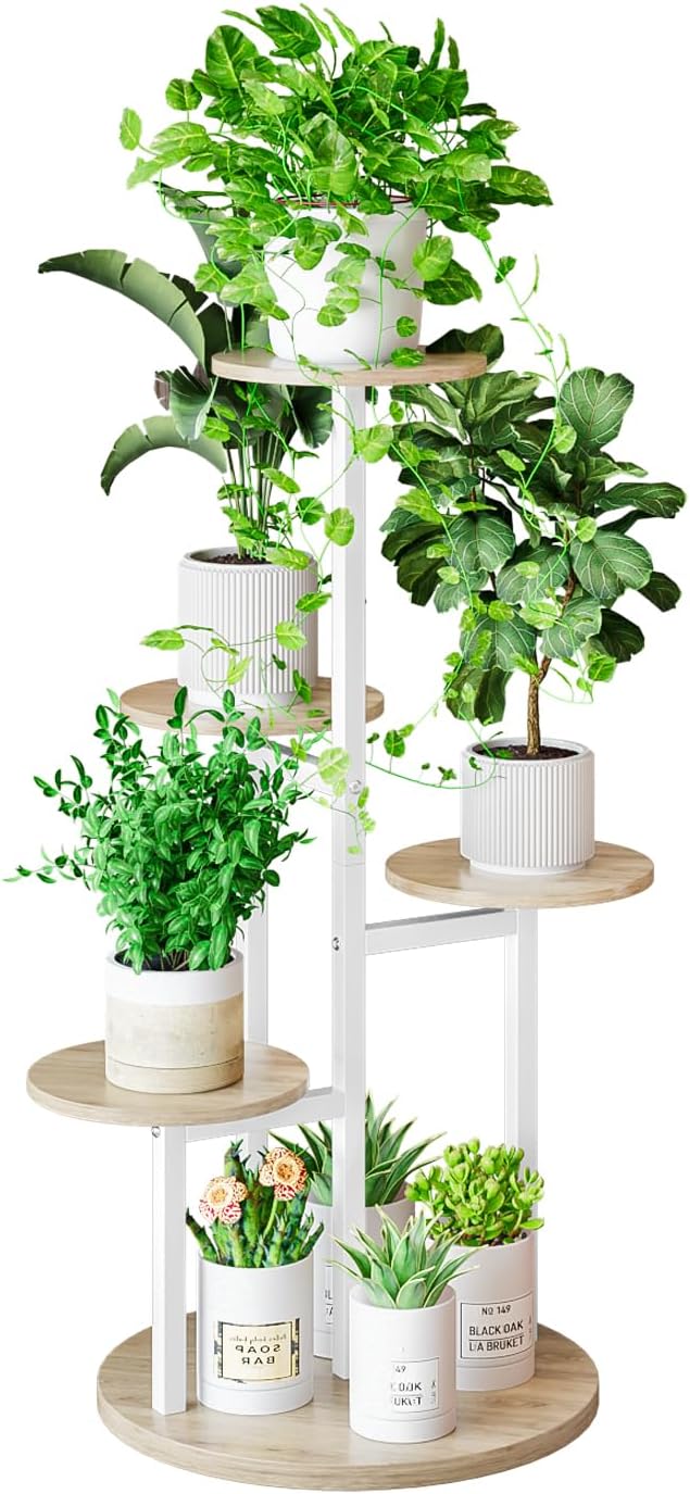 Plant Stand Indoor 5 Tier 8 Potted Multiple Flower Pot Holder for Patio Garden Balcony Living Room Corner (5 Tier White+Sonoma Oak) INGIORDAR