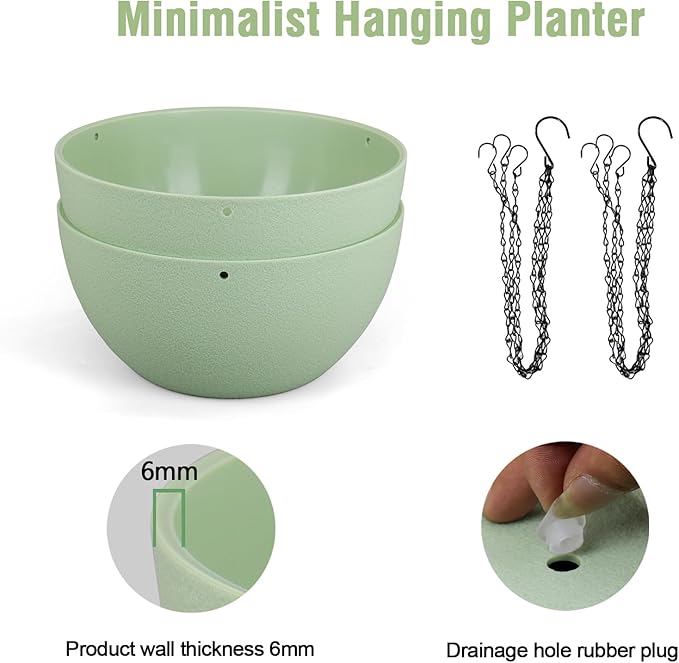 12 inch Large Hanging Planters Plant Pots for Indoor Outdoor Plants, 2 Pack Hanging Flower Pots with Drainage Holes and Chain for Garden Porch, Plastic Hanging Baskets for House Plants, Green Meowell