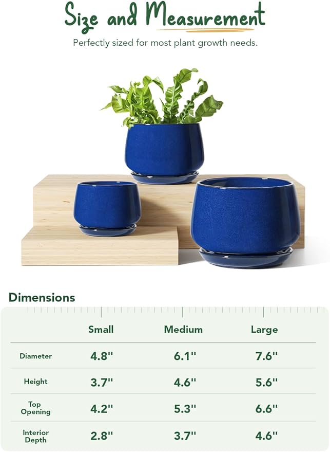 LE TAUCI Plant Pots, 4.1+5.1+6.5 inch, Set of 3, Ceramic Planters with Drainage Hole and Saucer, Indoor Flower Pot with Hole Mesh Pad, Gifts for Mom, Sapphire Blue LETAUCI