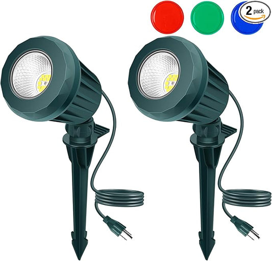 Spotlight Outdoor – 120V Plug-in, 2700K Warm White LED Landscape Spot Lights with RGB 3 Lenses for Yard, Garden, Lawn&Tree Decor, IP67 Waterproof, Perfect for Holidays&Everyday (2 Pack, Green) Holeva