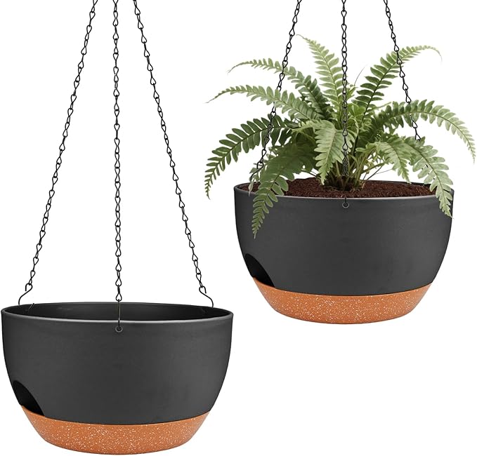 Hanging Planters for Outdoor Indoor Plants, 2 Pack 10 Inch Hanging Basket Plants Outdoor, Self Watering Hanging Planter with Plant Hanger for Garden Home Decoration (Black, 10 inch) Lucieblessdesign