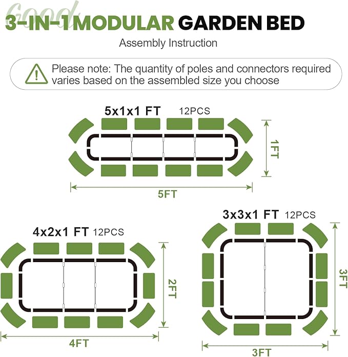 2Pcs 3-in-1 Adjustable Raised Garden Bed Kit | Galvanized Planter Boxes for Vegetables, Flowers | 12" Tall, Multiple Sizes (4x2x1ft, 3x3x1ft, 5x1x1ft) | Outdoor Metal Raised Bed for Gardening, , Green GGOODGAIN