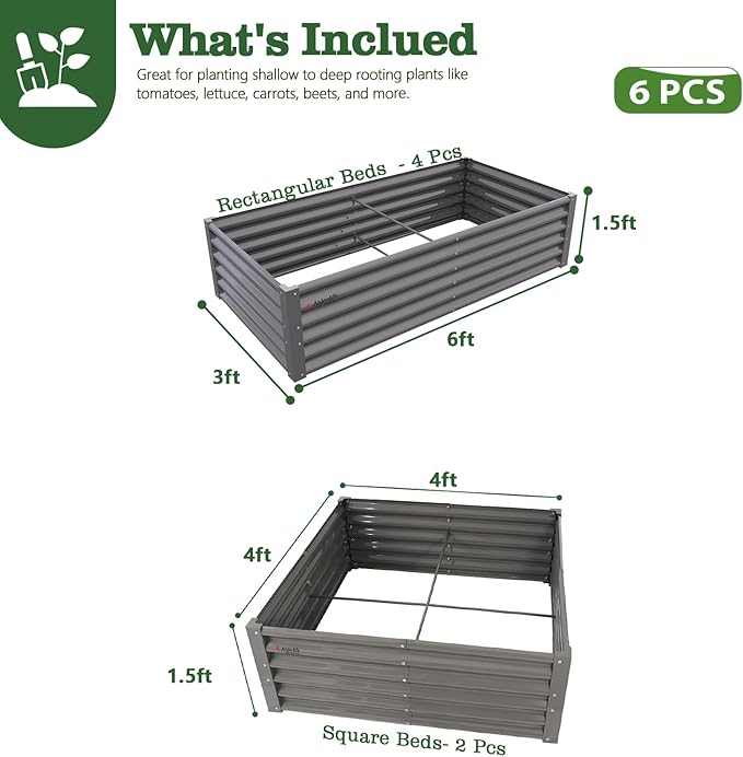 A ANLEOLIFE Set of 6, 18 Inch Tall Quartz Grey Raised Garden Beds Kit, Rectangular & Square Metal Planters for Structured Garden Layouts AAnleolife