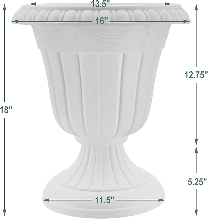 Arcadia Garden Products PL00BK Classic Traditional Plastic Urn Planter, 16” x 18”, Black Rootora