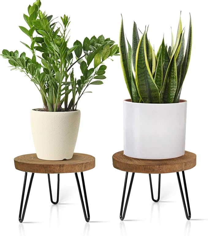 Plant Stand Indoor Outdoor, Wooden plant Stool, Mid Century Plant Stand for Indoor Plants, Wood Modern Plant Holder Rattan Flower, Low Short Boho Rustic Planter Stand Fit 5-15 Inch Pot(M, L) Welcometoobtain