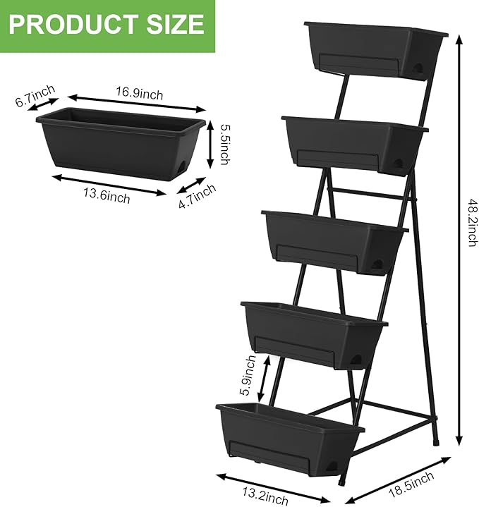 5 Tier Vertical Raised Garden Bed Planter Box, Vertical Raised Bed with Drainage Holes for Indoor Outdoor Herbs Flowers Vegetables Plants, Black Fogein