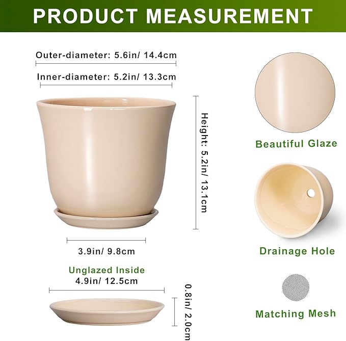 Ceramic Pots for Plants - 5.6 Inch Plant Pot with Drainage Hole and Saucer, Round Orchid Succulent Pots for Indoor Outdoor, Modern Small Planter, Home Office Decor, Gifts for Women, Beige SUNPOTFOR