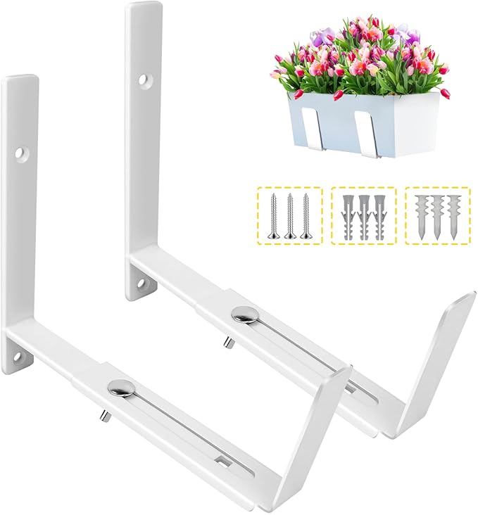 LukLoy Window Planter Box Brackets, 2 Pack Adjustable Heavy Duty Wall Mount Window Flower Boxes Outdoor with Bracket (6 to 12 in), with 70lbs Capacity, White LukLoy