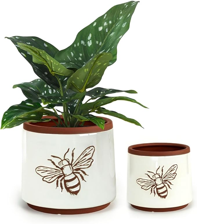 YBX Terracotta Pots Inch with Drainage Holes, Bee Decor, Ceramic Pots for Indoor Plants Flower Pots Outdoor, Succulent, Herbs, Snake Plants (White, 6+4 Inch) YBXYIBOXUAN