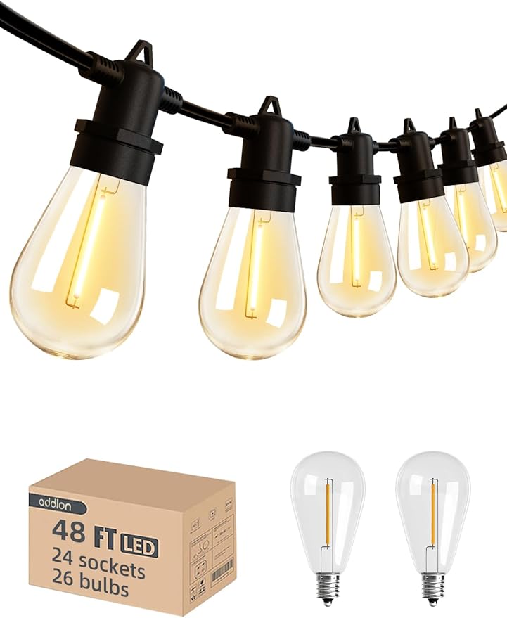 addlon 48FT(2FT Space) LED Outdoor String Lights with 24 Edison Shatterproof Bulbs, Heavy-Duty and Weatherproof Strand, Commercial Grade Patio Lights, Decorative for Garden or Patio, Black addlon
