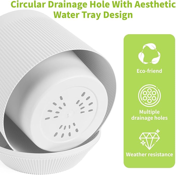 Plant Pots，Set of 3 Plastic Pots for Indoor Plants,Flower Pots Outdoor Planters with Drainage Hole and Seamless Saucer,White Rootora