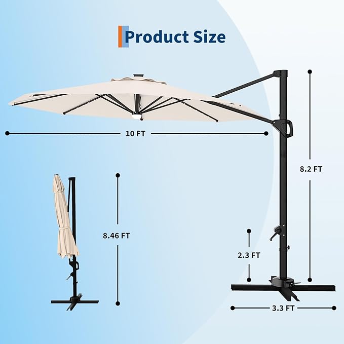 Garvee 10 ft Cantilever Patio Umbrella with Solar Lights, 360° Rotation Offset Umbrella, Easy Crank & Tilt Adjustment, UV Protection for Backyard, Poolside, Deck -Beige Garvee