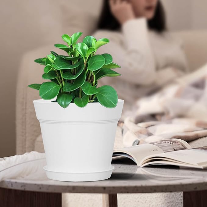 WOUSIWER 16 Pack 6 inch Plastic Planters for Indoor Flower Pots, Heavy Duty and Stylish 6 Inch Plant Pots for Indoor Plants with Drainage Holes and Tray for Plants, Flowers, White WOUSIWER