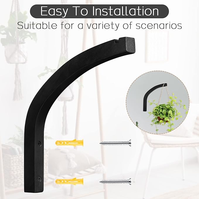 Juexica 4 Pcs Plant Hanger Wooden, 8 Inch Hanging Plant Hooks for Indoors and Outdoor, Wall Mounted Hanging Hook Brackets for Planters Lanterns Wind Chimes and Bird Feeders Patio Decor(Black) Juexica