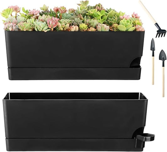 Self Watering Pots for Indoor Plants 17 Inches Window Boxes Planters Rectangular Flower Pots Rectangle Herb Pots Large Plant Pots with Drainage Holes and Saucers Windowsill Planter (2, Black) KvyusFlourish