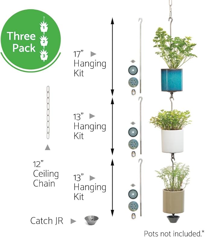 — Three Pack, Pot Hanger Kits + Accessories - Hang and Connect Your Clay Pots, Stainless Steel - Indoor Outdoor - Connectable Hanging Planter Vertical Garden w/Drainage for Healthy Plants SkyPots