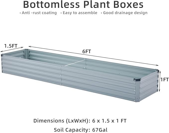2 Pack 6x1.5x1FT Galvanized Raised Garden Beds Kit Outdoor Metal Gardening Planter Box for Vegetable Elevated Flower Herbs,Gray Meberam