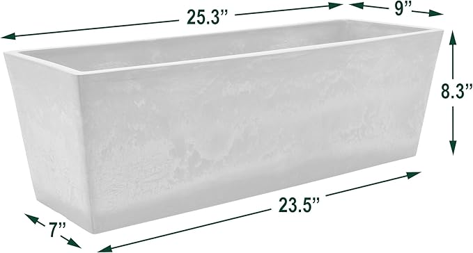 Arcadia Garden Products U65CT Plastic/Stone/Wood Composite Simplicity Window Box, No Drainage Hole (Drillable), Patio Plant Container, Indoor Outdoor Planter, 25.5" x 9, Cement Color PSW