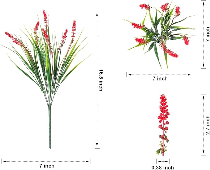 HyeFlora 20 Bundles Artificial Fake Outdoor Plants Flowers for Spring Decoration, UV Resistant Realistic Red Plastic Flowers Faux Plant Monkey Grass for Planter Home Garden Porch Patio Window Box HyeFloraartificialflowers