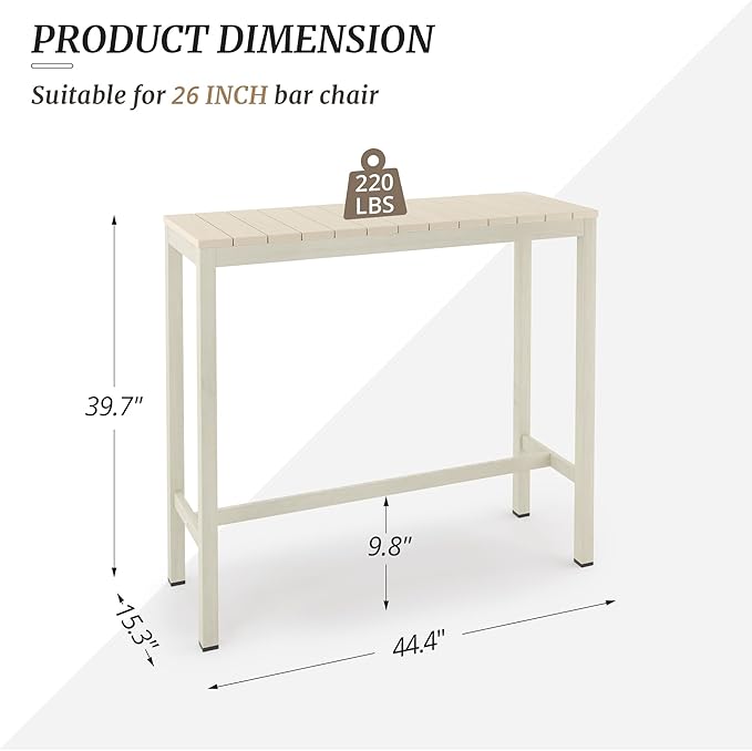 Outdoor Bar Table, 45" Patio Bar Height Counter Console Table, Waterproof HDPS Slatted Top, Weather Resistant, Hot Tub, Balcony, Yard, Indoor or Outdoor Use, Sand COZYMAN
