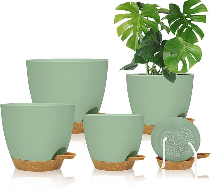 Self Watering Planters with Drainage Holes Reservoir,Nursery Planting Pot for Indoor Decor Garden Plants Succulents,Snake Plant, African Violet,Plastic Flower Pots Set 7+6.5+6+5.5+5 Inch (Green) STSTECH