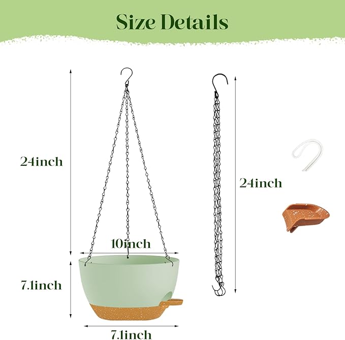 2 Pack 10 Inch Self Watering Hanging Planters for Indoor Plants, Large Green Brown Plastic Hanging Pots with Chains for Outdoor Patio Garden Home Decor (Green Brown) zople