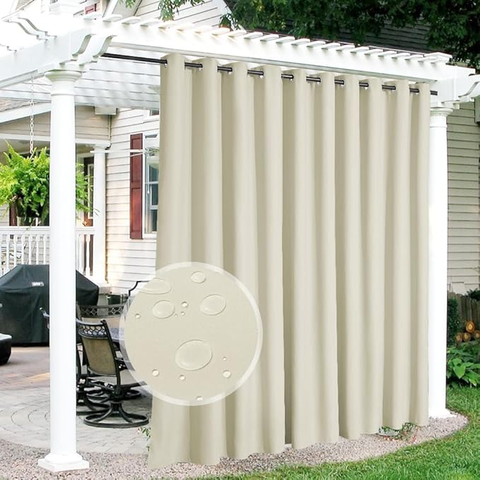 RYB HOME Extra Wide Outdoor Curtains for Patio Waterproof Heavy Duty Thermal Insulated in Summer Full Coverage Privacy for Porch, Cabana & Pool, W150 x L95, Beige, 1 Panel RYBHOME