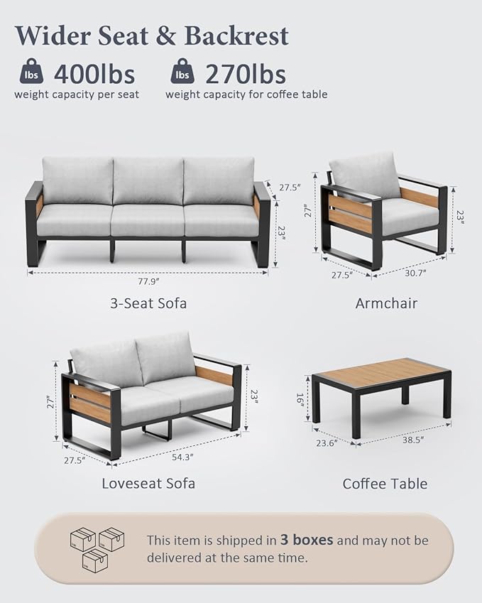 ZANDOR Aluminum Outdoor Patio Furniture - 1 Pcs 3-Seat and Coffee Table, All-Weather Metal Modern Outside Furniture with Washable Thick Cushion for Garden/Backyard/Porch, Grey ZANDOR%7CCraftingYourOutdoorElegance