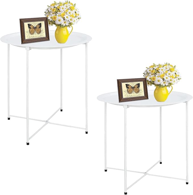 Garden 4 you End Table Metal Side Table Round Folding Tray Cyan Sofa Small Accent Fold-able Table, Round End Table Tray, Next to Sofa Table, Snack Table for Living Room and Bed Room,White Garden4you