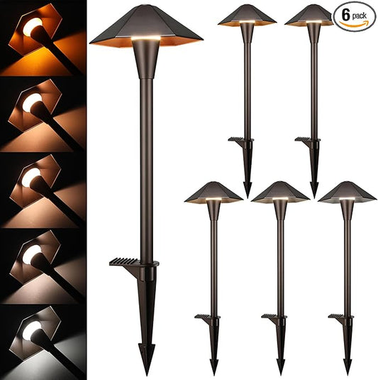 LEONLITE 5CCT Low Voltage Pathway Lights, LED Landscape Path Lights, 1800/2700/3000/4000/5000K, Hexagon Head, 12-24V AC/DC, IP65 Outdoor Walkway Light, Oil Rubbed Bronze Aluminum, Pack of 6 LEONLITE