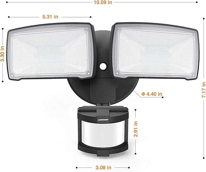LEPOWER LED Security Lights Motion Sensor Light Outdoor, 30W 3200LM Motion Security Light, 5500K, IP65 Waterproof, 2 Head Motion Detector Flood Light for Garage, Yard, Porch, Black (Not Solar Powered) LEPOWER