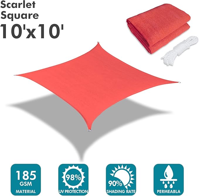 KANAGAWA Sun Shade Sail 10'x10' Scarlet Rectangle UV Block Canopy Awning Shelter Fabric Cloth Screen for Outdoor Patio Garden Backyard KANAGAWA