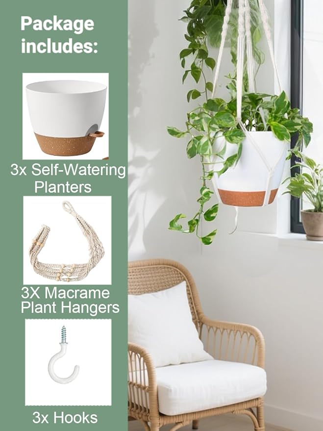 Hanging Planters with Macrame Plant Hangers for Indoor Outdoor Plants 3 Set Self Watering Pots Hanging Baskets Flower Pot Holders 3 Different Size Bouqlife