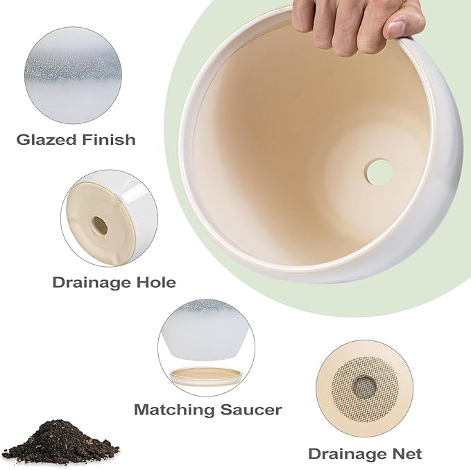6.3 Inch Plant Pot - Ceramic Planters for Indoor Ourdoor Plants, Modern Succulent Pot, Round Planter with Drainage Hole and Saucer, Room Office Garden Home Decor, Plant Lover Gift, White-Grey EPFamily