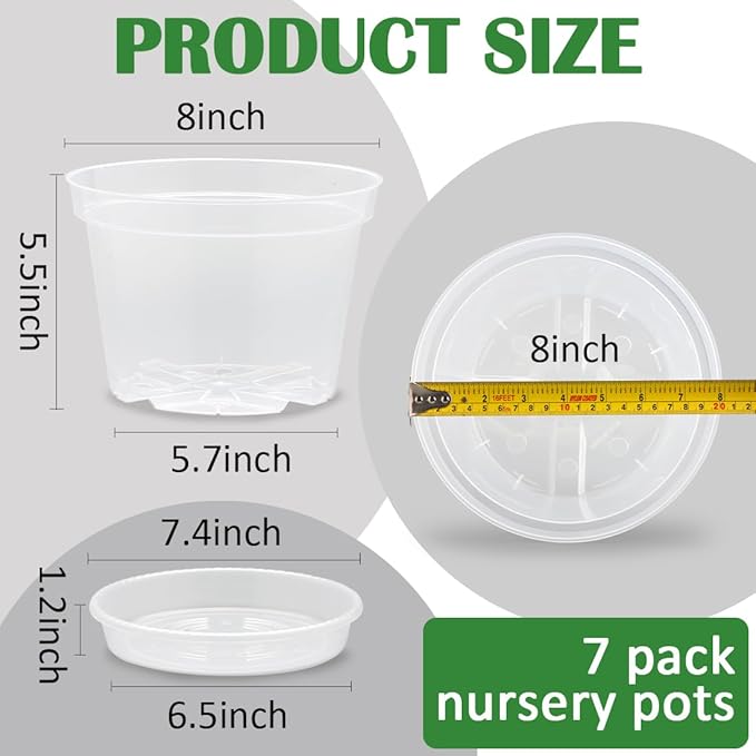 7 Pack 8 Inch Clear Nursery Pots with Saucer, Transparent Plastic Plant Pot with Drainage Holes, Sturdy Plant Starter Pots, Planter Pot for Planting Succulent Flower Herb Vegetable, Gardening Gifts BTPLASTIK