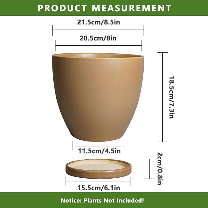 Ceramic Pots for Plants - 8 Inch Planter, Indoor Plant Pot with Drainage Hole and Saucers, Modern Flower Planter, Home Garden Patio Bathroom Porch Room Decor, Brown EPFamily