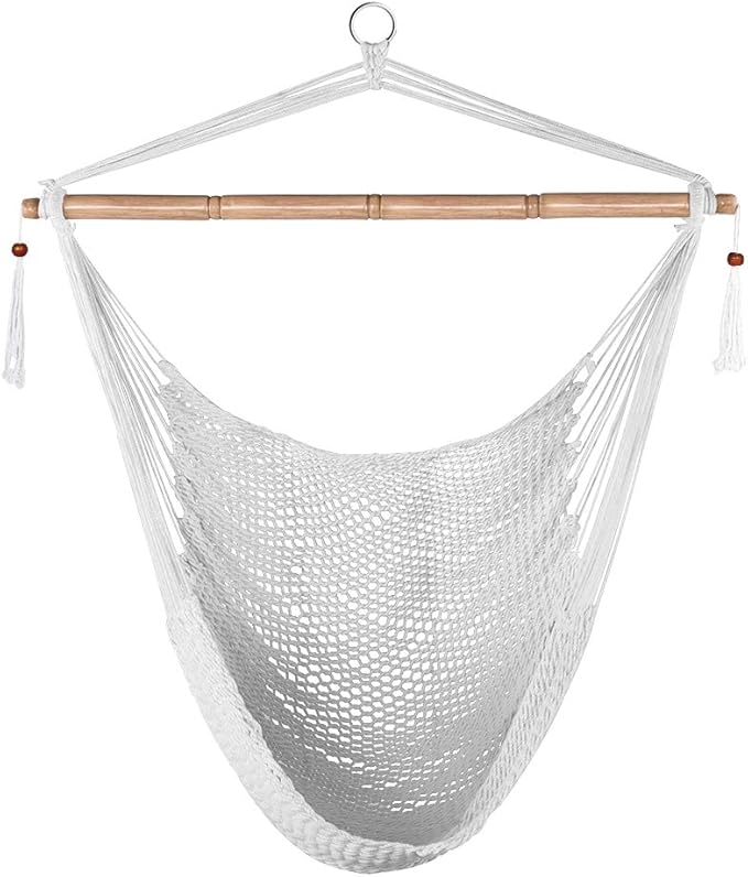 Lazy Daze Hammocks Hanging Chair Caribbean Swing Chair Hammock Chair w/Soft-Spun Cotton Rope, 40" Hardwood Spreader Bar Wide Seat, Max 300 Pounds, for Indoor Outdoor Garden Yard, White LazyDazeHammocks