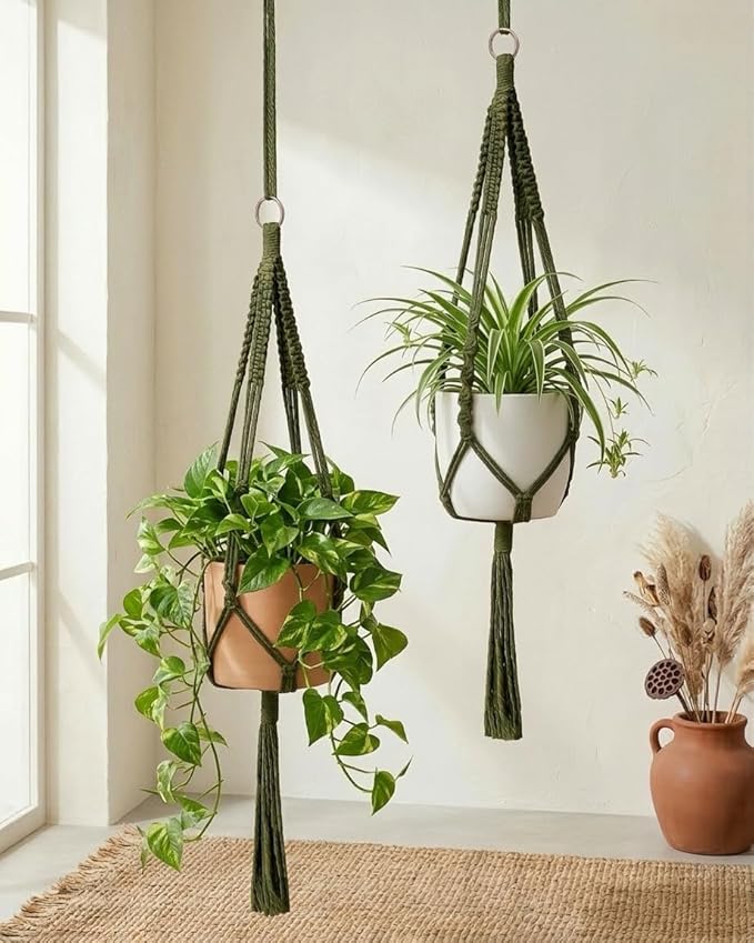 Bamworld Macrame Plant Hanger Indoor Hanging Planter for Plants Hanging Plant Basket Macrame Wall Hanging Planters Boho Decor Home Room Decor Aesthetic 36 Inches Natural Green, Set of 2 Bamworld