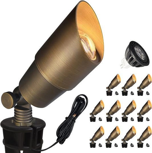 COLOER Brass Landscape Spotlights, 12 Pack Spot Lights Outdoor with 5W Aluminum Housing MR16 LED Bulb 2700K 450LM, 12V AC/DC Low Voltage Outdoor Lighting for Yard, Uplight for Garden and Patio(101B) COLOER