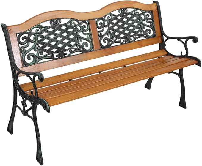 VINGLI Classic Cast Iron & Teak Arched Back Rectangular Outdoor Bench, 3-Seater, 470 lbs Capacity, Easy Assembly, Weather Resistant, 49.5" W x 20.5" D x 29" H VINGLI