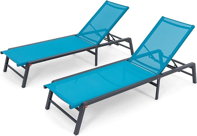 Aluminum Chaise Lounge Chair Outdoor, Foldable Patio Lounge Chair 2 Sets Assemble-Free, Pool Lounge Chairs with 5 Adjustable Backrest, Outdoor Lounge Chairs for Outside Poolside Beach Lawn Blue Rootora