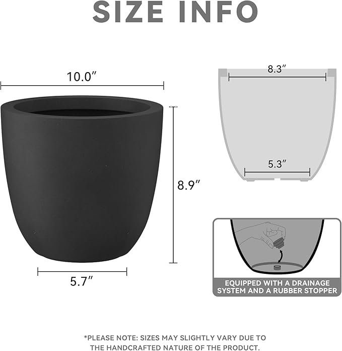 Kante 10 Inch Dia Round Concrete Planter, Indoor Outdoor Large Plant Pot with Drainage Hole and Rubber Plug for Home Patio Garden, Black Kante