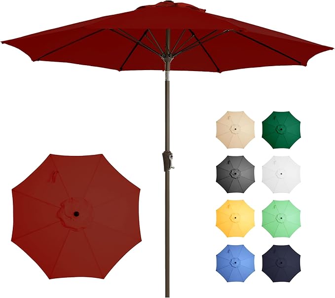Ayge 9FT Large Outdoor Patio Umbrella Market Table Umbrella-UV Resistant, Easy Push Button Tilt and Crank, 8 Sturdy Fiberglass Ribs Heavy-Duty Pool Umbrella for Deck, Backyard,Garden,Red AYGE