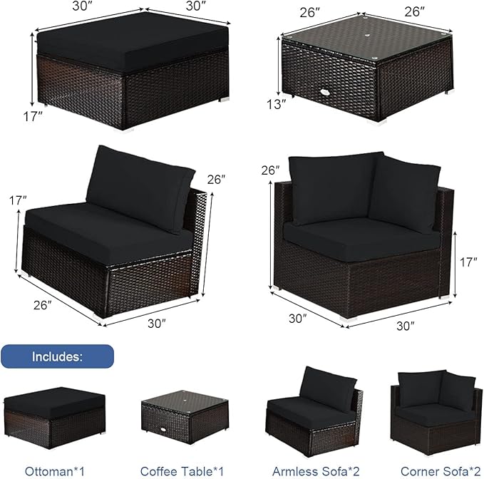 Tangkula 6 Piece Patio Furniture Set, Outdoor Deck Lawn Backyard Durable Steel Frame PE Rattan Wicker Sectional Sofa Set, Conversation Set with Coffee Table (Black) TANGKULA