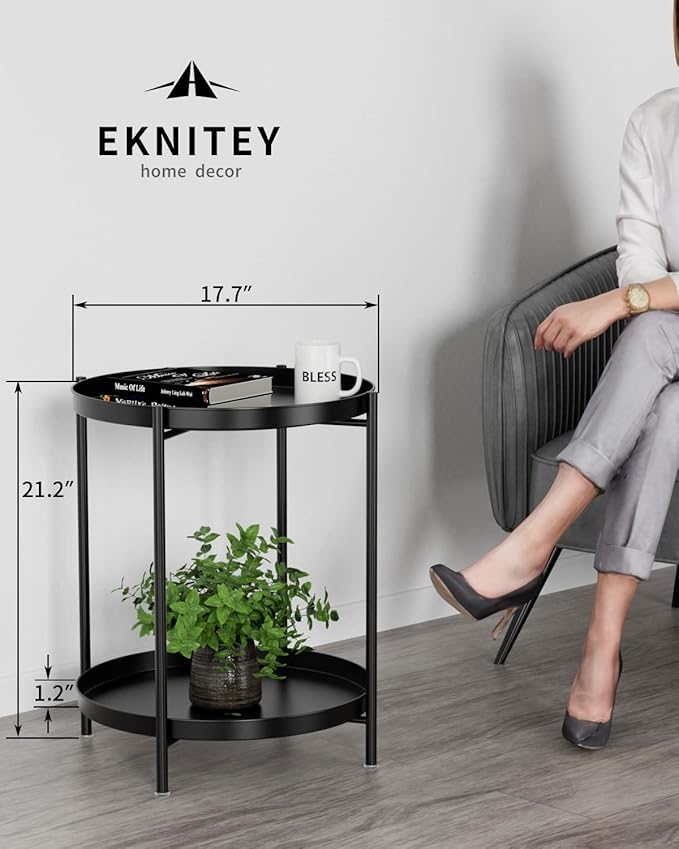 EKNITEY 2 Tier End Table - Metal Side Table Waterproof Small Sofa Coffee Side Tables Bedroom Indoor Outdoor with Removable Tray for Living Room Bedroom Balcony and Office (Black) EKNITEY