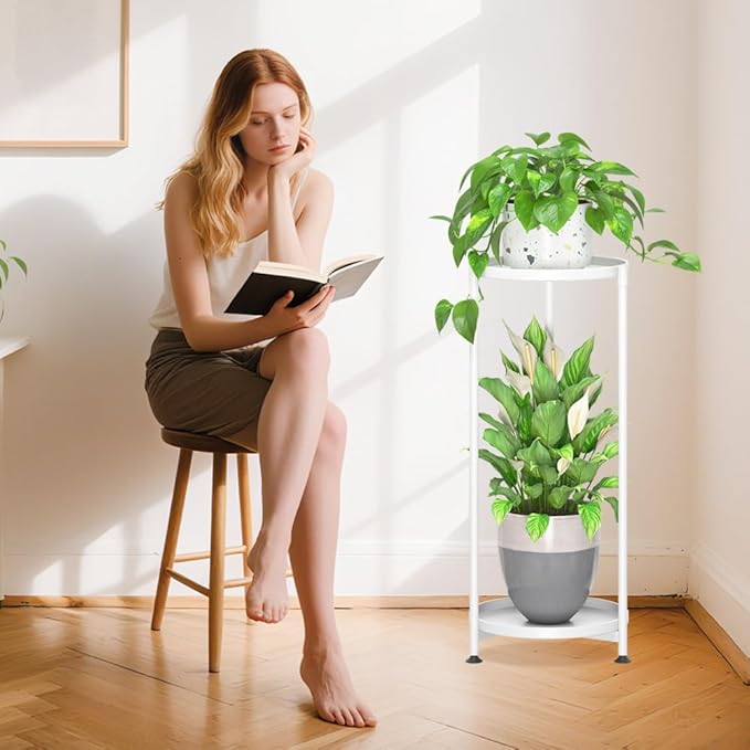 iDavosic.ly 2 Tier Corner Plant Stand Indoor, Tall Vertical Metal Flower Heavy Duty Pot Holder Shelf Outdoor for Patio Porch Living Room, White - Round iDavosicly