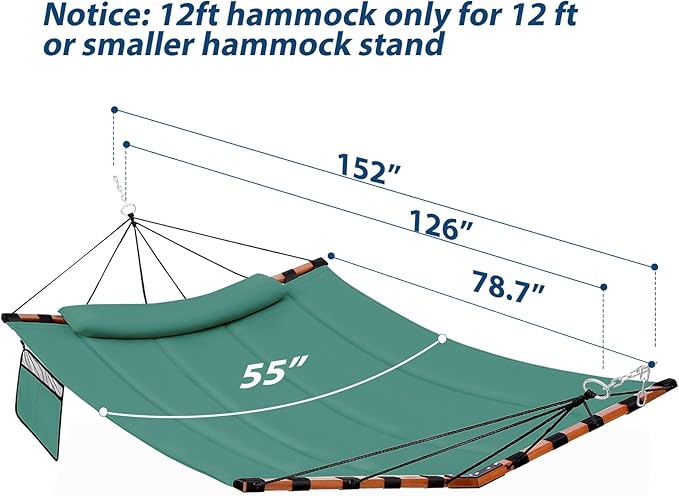TegerDeger 12FT 2 Person Hammock Large Hammock 450LB Capacity with V Shaped Hardwood Spreader Bar & Nylon Rope for Outside, Patio, Garden, Backyard, Beach, Poolside - Lake Blue Tegerdeger