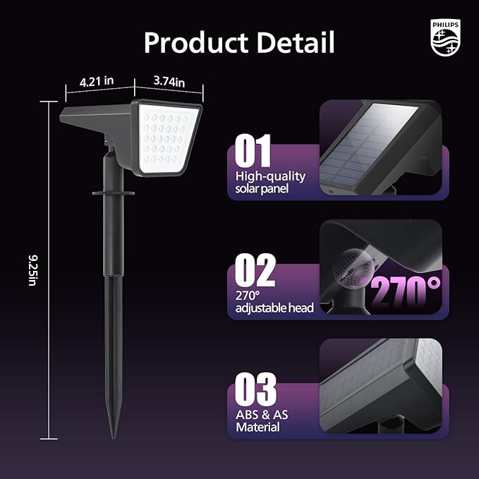 Philips 6 Packs Solar RGBW Spot Lights Outdoor, 18 LED Solar Powered Landscape Lights, 9 Lighting Modes Color-Changing Dusk to Dawn Waterproof Pathway Spotlights for Garden Trees Halloween Christmas PhilipsLightingLED