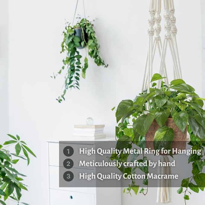 3 Pack Macrame Plant Hanger Indoor Hanging Planter for Plants Holder, Hanging Pot Holder Macrame Decorative Flower Pot Holder with 3 Hooks for Indoor Outdoor Boho Home Décor, Ivory (POTS NOT INCLUDED) Feedee